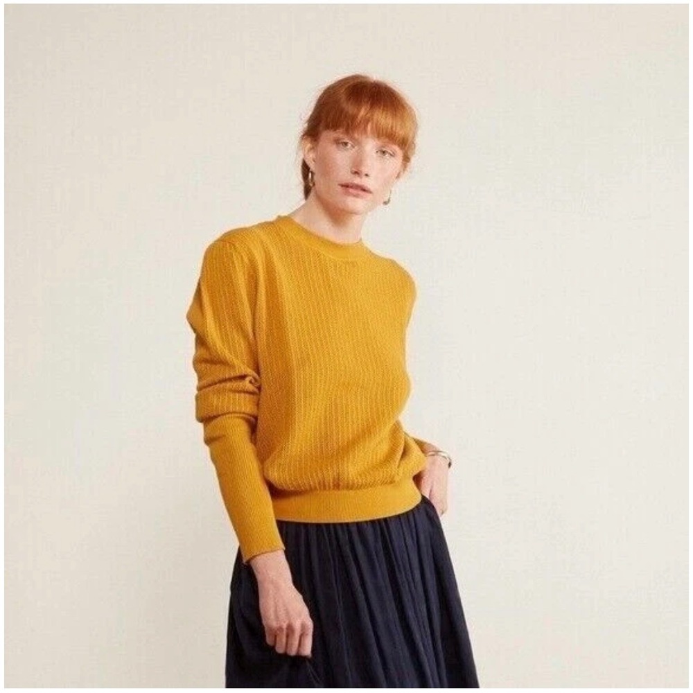 Anthropologie‎ The Odells Women 100% Cotton Sweater Yellow Pointelle Knit Preppy